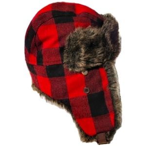 Trapper hat Red Buffalo check Faux Fur *Warm! OS adult